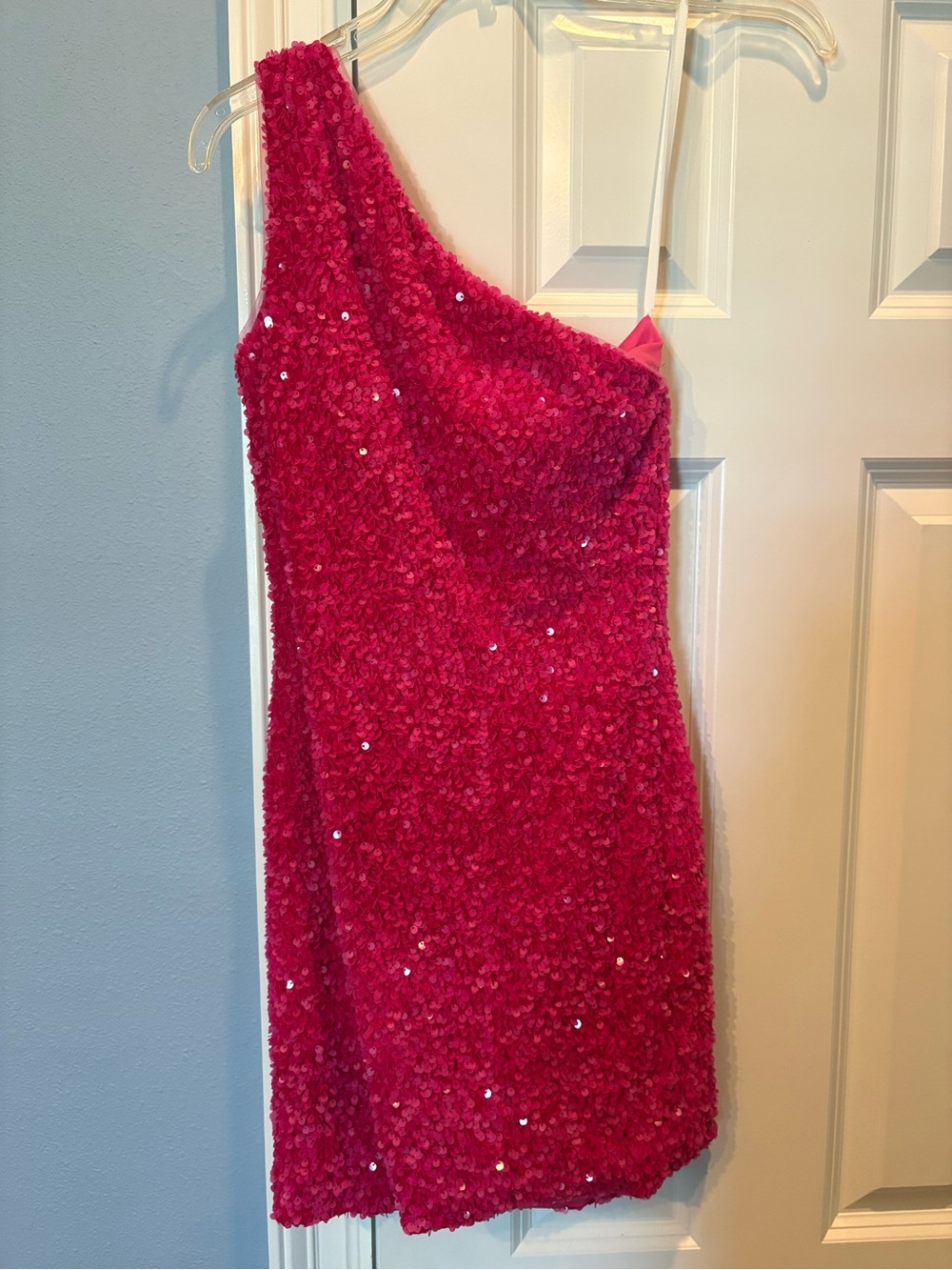 One-Shoulder Hot Pink Sequin Cocktail Dress
